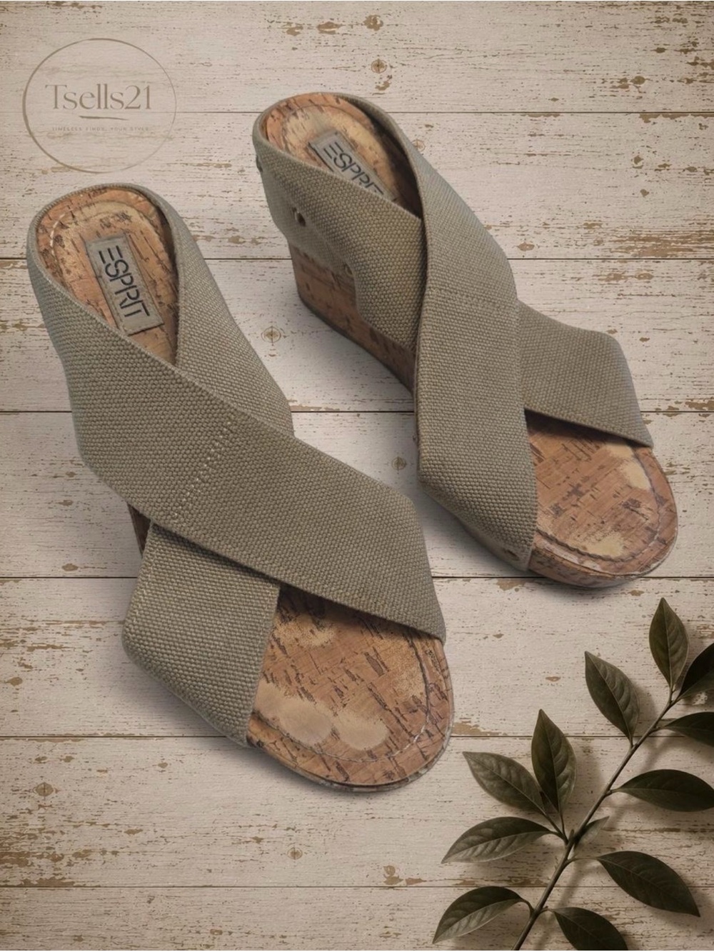 ESPRIT Vintage Y2K Beige/Green Canvas Cork Wedges - Size 9.5